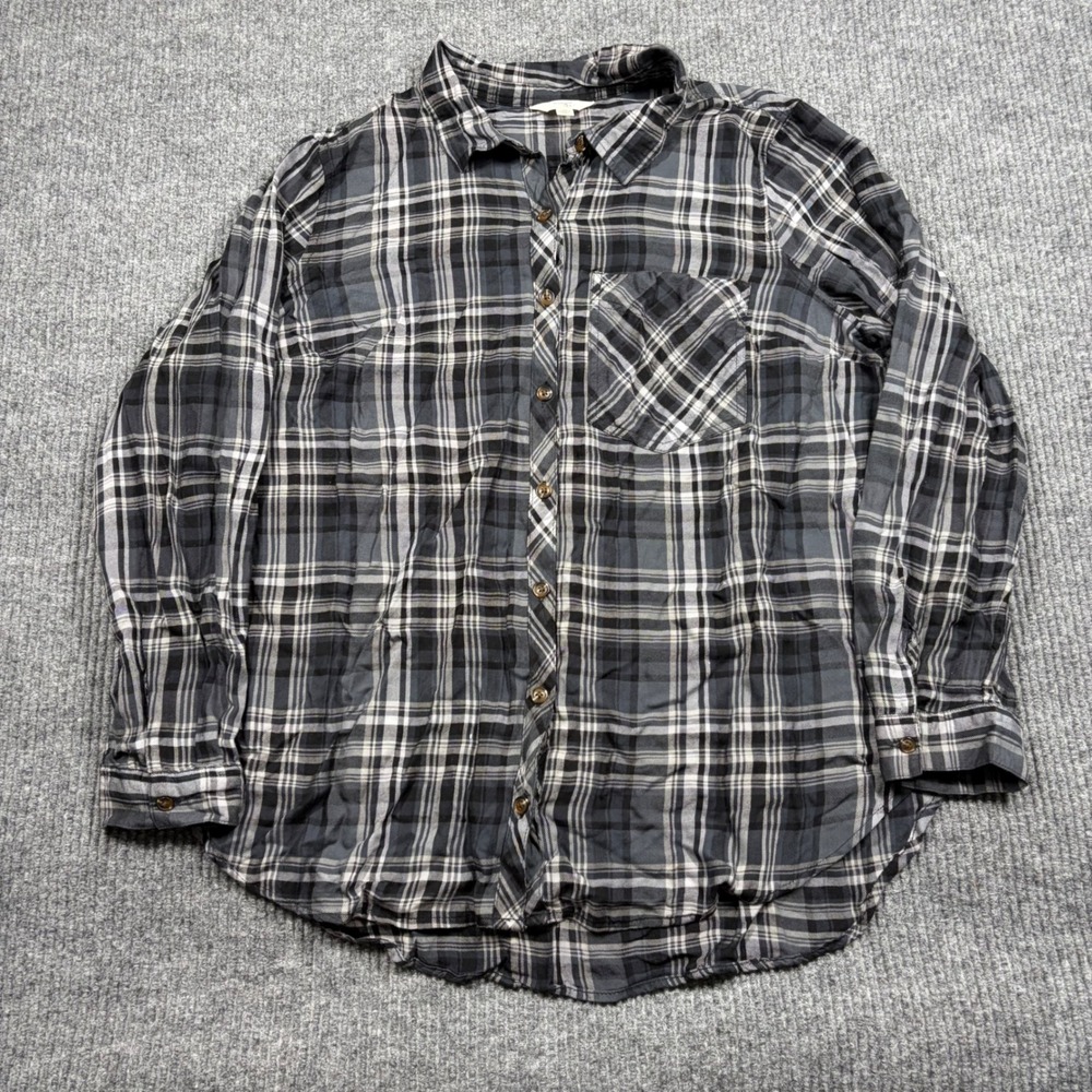 Terra & Sky Shirt Womens 1X Plaid Button Down Black Gray Long Sleeve Blouse